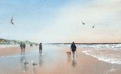 Jan Thiecke, Strand,  275 euro, Aquarel in licht houten lijst, 30x21 cm in A4 lijst