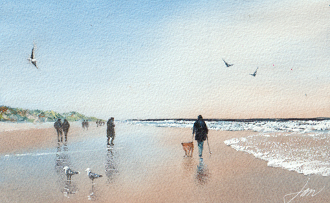 Jan Thiecke, Strand,  275 euro, Aquarel in licht houten lijst, 30x21 cm in A4 lijst