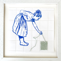 Renee Toonen, Jongen met teckel, 225 euro, Papiersnijwerk met geperforeerd glas en borduursel in houten lijst, A4