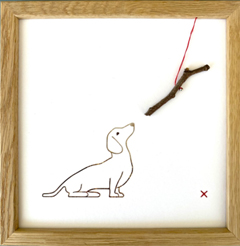 Renee Toonen, Teckel, 65 euro, Papiersnijwerk met borduursel in houten lijst, 18x18 cm