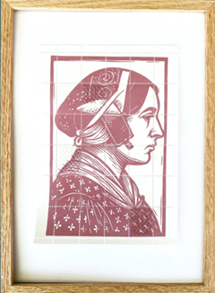 Renee Toonen, Streekdracht roze, 135 euro, print op postzegelpapiere met kruissteek in houten lijst, A4