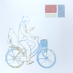 Renee Toonen, Dagelijks leven met pinguin, 165 euro, Gemengde techniek met landkaart en kruissteekjes in wit lijstje , 30x30 