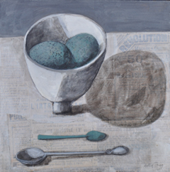 Astrid Trugg, Good Eggs, Gemengde techniek op hout, 20x20 in houten lijst, 20x20 (met lijst 25x25 cm), €.575,-