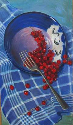Annemarie Verschoor, rode bessen in kom op blauwe theedoek, Olieverf op hout, 33x19 cm, €.225,-