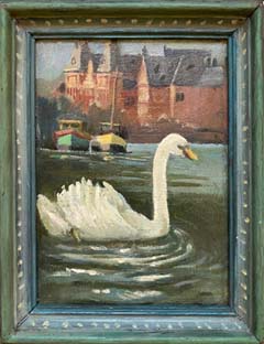 Annemarie Verschoor, Zwaan, Olieverf op paneel in oude lijst, 23x18 cm, €.65,-