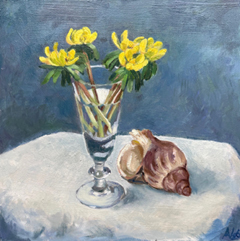 Annemarie Verschoor, Boterbloemen in glaasje, 220 euro, Olieverf op paneel zonder lijst, 26x26 cm