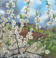 Annemarie Verschoor, Pruimenbloesem met uitzicht, 200 euro, Olieverf op paneeel zonder lijst, 32x32 cm