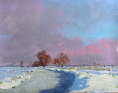 Leo van der Vlist, Sneeuwlandschap, 650 euro, Oliever oppaneel in baklijst, 24x30 cm