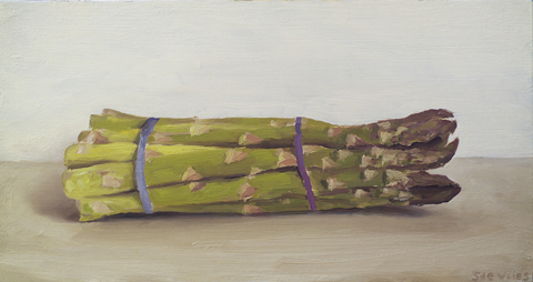 Serge de Vries, Groene asperges, 295 euro, Olieverf op paneel zonder lijst, 14x26 cm