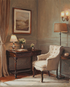 Sege de Vries, Interieur met beige stoel en schemerlamp, 700 euro, Olieverf op paneel zonder lijstje, 20,5x16,5  cm