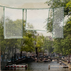 Annette van Waaijen, Amsterdam 2, Gemengde techniek met foto en borduurgaren in houten baklijst, 20x20 cm, €.245,- euro (ook in opdracht vanaf 175 euro)