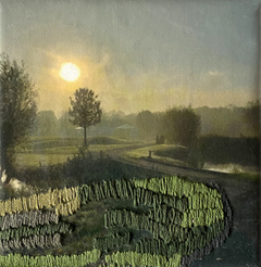Annette van Waaijen, Landschap, 145 euro, Gemengde techniek met foto/borduren in baklijstje, 10x10 cm