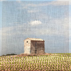 Annette van Waaijen, The house in France, 295 euro, Gemengde techniek met fotografie en borduren in houten baklijst, 20x20 cm