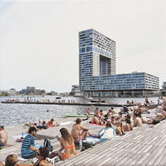 Annette van Waaijen, Summer in the city: Pontsteiger, 325 euro, Mixed Media with photo and needlework, 20x20 cm