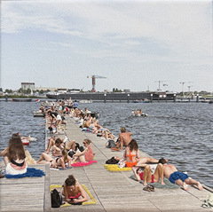 Annette van Waaijen, Summer in the city: Zwemsteiger, 325 euro, Mixed Media with photo and needlework, 20x20 cm