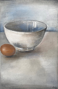 Antje Weber, Little bowl with egg, 150 euro, 30x20 cm, acryl op doek zonder lijst