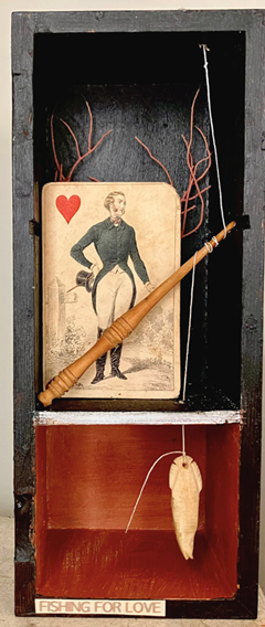 Antje Weber, Fishing for love, 150 euro, Collage with coral, antique game and ivory fish, 9x22x7 cm