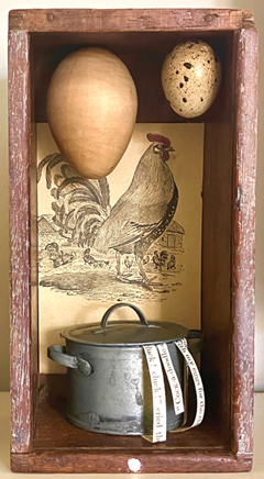 Antje Weber, The Cock, 130 euro, Collage with a darning egg, 10x19x8 cm