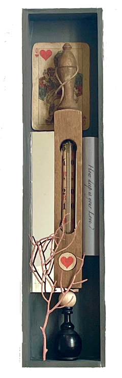 Antje Weber, How deep is your love, 140 euro, Mixed media in vintage box with thermometer coral and miror,  8,5 x36x4 cm