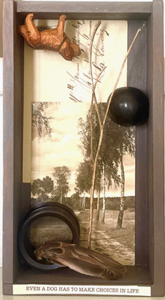 Antje Weber, Choises, 150 euro, Mixed Media with carved wood dog, 12x22x5