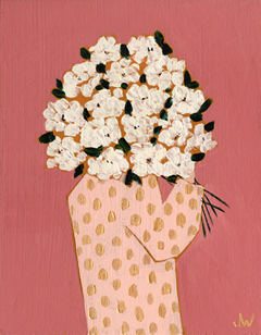 Joelle Wehkamp, Girl with flowers 1, Gemengde techniek op paneel, 18x14 in baklijst, €.135,-