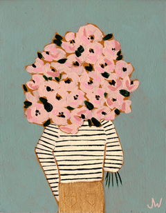Joelle Wehkamp, Girl with flowers 2, Gemengde techniek op paneel, 18x14 in baklijst, €.135,-