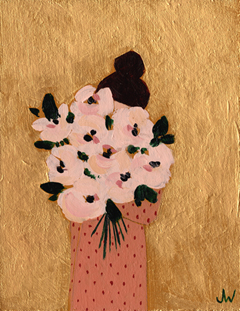 Joelle Wehkamp, Girl with flowers 3, Gemengde techniek op paneel, 18x14 in baklijst, €.135,-