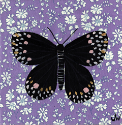 Joelle Wehkamp, Liberty butterfly black, Acryl op Libertystof zonder lijst, 15x15 cm, €.125,-