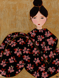 Joelle Wehkamp, Girls in flowers 4 , Gemengde techniek op paneel in baklijst, 24x18 cm, €.250,-