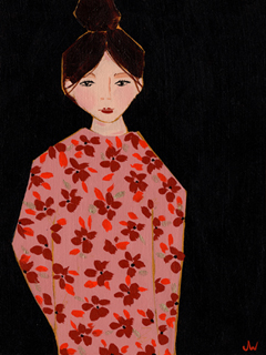 Joelle Wehkamp, Girls in flowers 5 , Gemengde techniek op paneel in baklijst, 24x18 cm, €.250,-