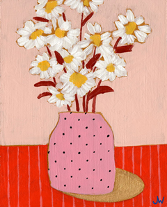 Joelle Wehkamp, Witte bloem in roze vaas, Acryl/gemengde techniek op paneel in baklijst, 18x14 cm, €.160,-