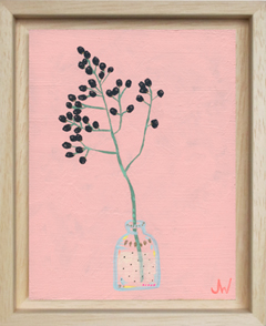 Joelle Wehkamp, Vase with berries 7, Gemegnde techniek op hout in houten lijst, 18x14 cm, €.85,-