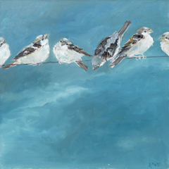 Barbara Wichers Hoeth, 6 vrouwtjes mussen, Olieverf op paneel, 30x30 cm, €.450,-