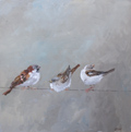 Barbara Wichers Hoeth, 3 mussen op grijze ondergrond, Olieverf op paneel, 30x30 cm in simpele houten baklijst, €.400,-