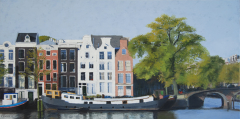 Gineke Zikken, Amstel Hoek Keizersgracht, Olieverf op doek, 60x120 cm, €.2400,-