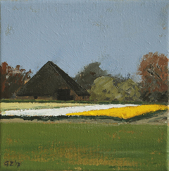 Gineke Zikken, Stolpboerderij, Olieverf op doek in baklijst, 20x20 cm, €.450,-