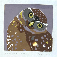 Yvonne Zomerdijk, Steenuil, 75 euro, Linosnede in lichte lijst, 20x20 cm