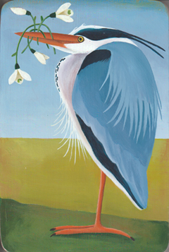 Yvonne Zomerdijk, Reiger met sneeuwklokjes, 275 euro, Acryl op hout zonder lijst, 30x20 cm