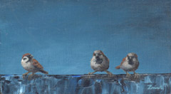 Marc van der Zwet, Mussen op blauwe rand 1, Olieverf op paneel, 12,8x7,8 cm, €.180,-