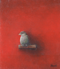 Marc van der Zwet, Vrouwmus op plankje rood 1, Olieverf op hout, 9x8 cm, €.140,-