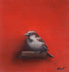 Marc van de Zwet, Manmus op rood vierkant, Olieverf op hout, 9x9,2 cm, €.150,-