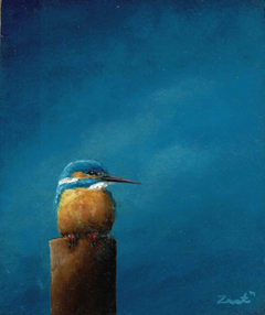 Marc van der Zwet, IJsvogel op paal/blauw, Olieverf op paneel zonder lijst, 10x2x8,6 cm, €.180,-