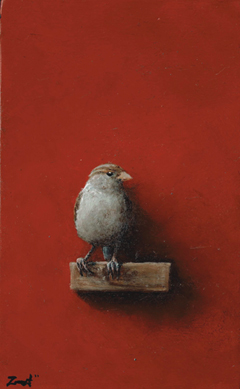 Marc van der Zwet, Vrouwmus op plankje/rood, Olieverf op paneel in lijstje, 13,2x8,5 cm, €.260,-