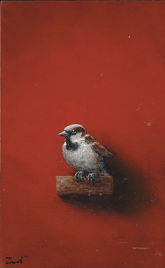 Marc van der Zwet, Manmus op plankje/rood, Olieverf op paneel in lijstje, 13,2x8,5 cm, €.260,-