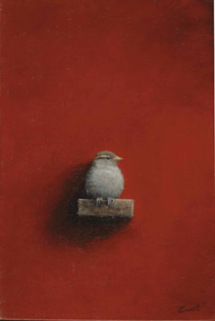 Marc van der Zwet, vrouwmus op plankje rood, Olieverf op paneel in bamboelijstje, 14,1x9,5 cm, €.260,-