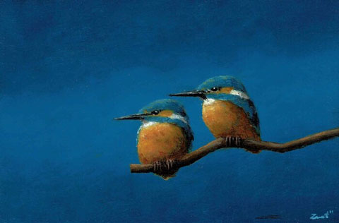 Marc van der Zwet, Twee ijsvogels op tak, 290 euro, Olieverf op paneel, 14,8x10 cm