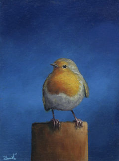 Marc van der Zwet, Attente roodborst op paaltje, 200 euro, Olieverf op paneel in lijst, 8x10,8 cm