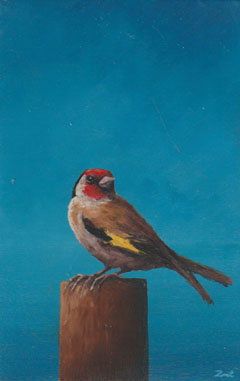 Marc van der Zwet, distelvink op paaltje, 280 euro, Olieverf op paneel in bamboelijst, 14,8x9,7 cm