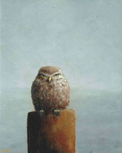 Marc van der Zwet, Steenuil wacht af, 220 euro, olieverf op eiken paneel, 9x11 cm