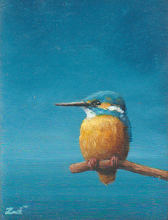 Marc van der Zwet, IJsvogel op tak, 190 euro, Olieverf op eik zonder lijst, 7,4x9,8 cm